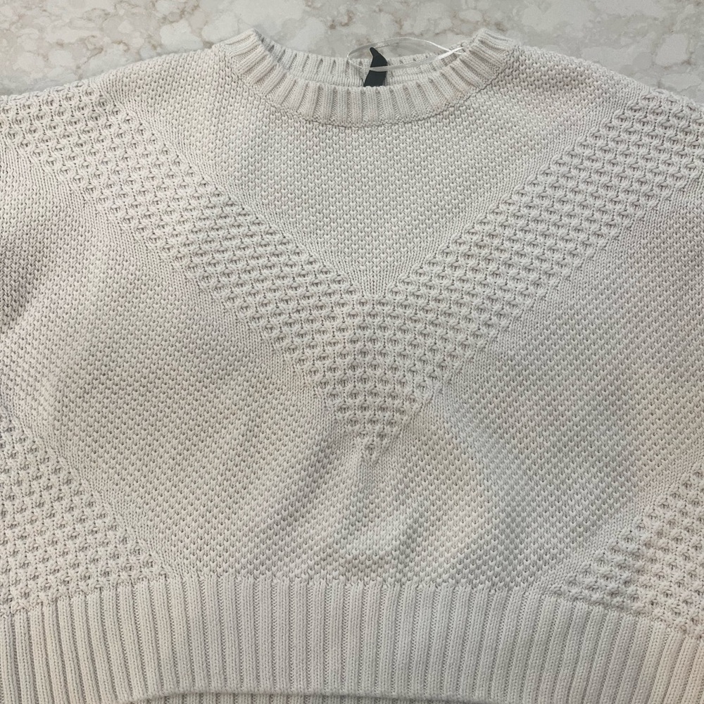 White Crew Neck Sweater with Textural Pattern